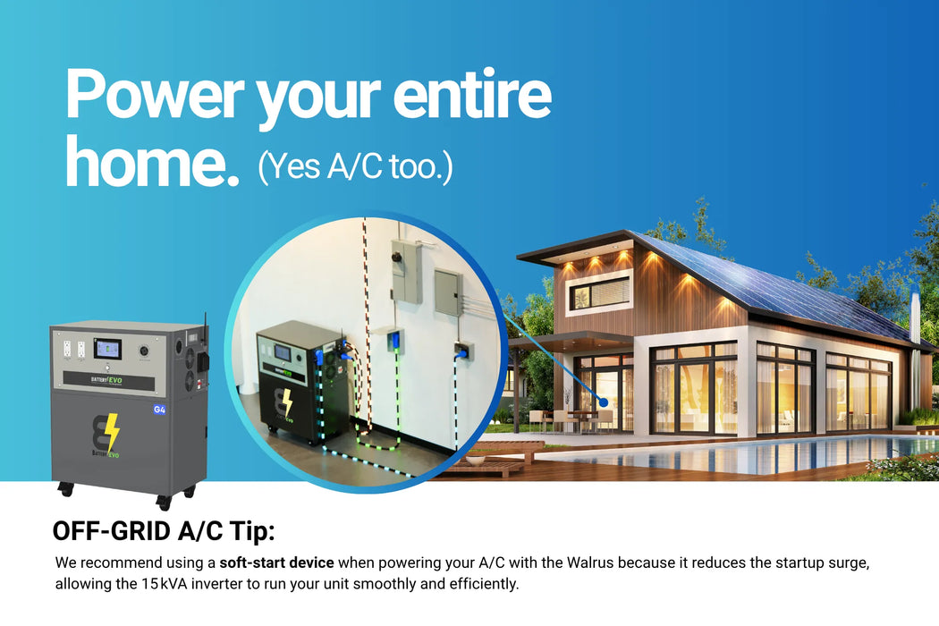 Battery EVO WALRUS G4 Complete Solar Kits + Choose Your Custom Package Battery EVO on white background for an off-grid A/C system with a house and power equipment on a blue background.
