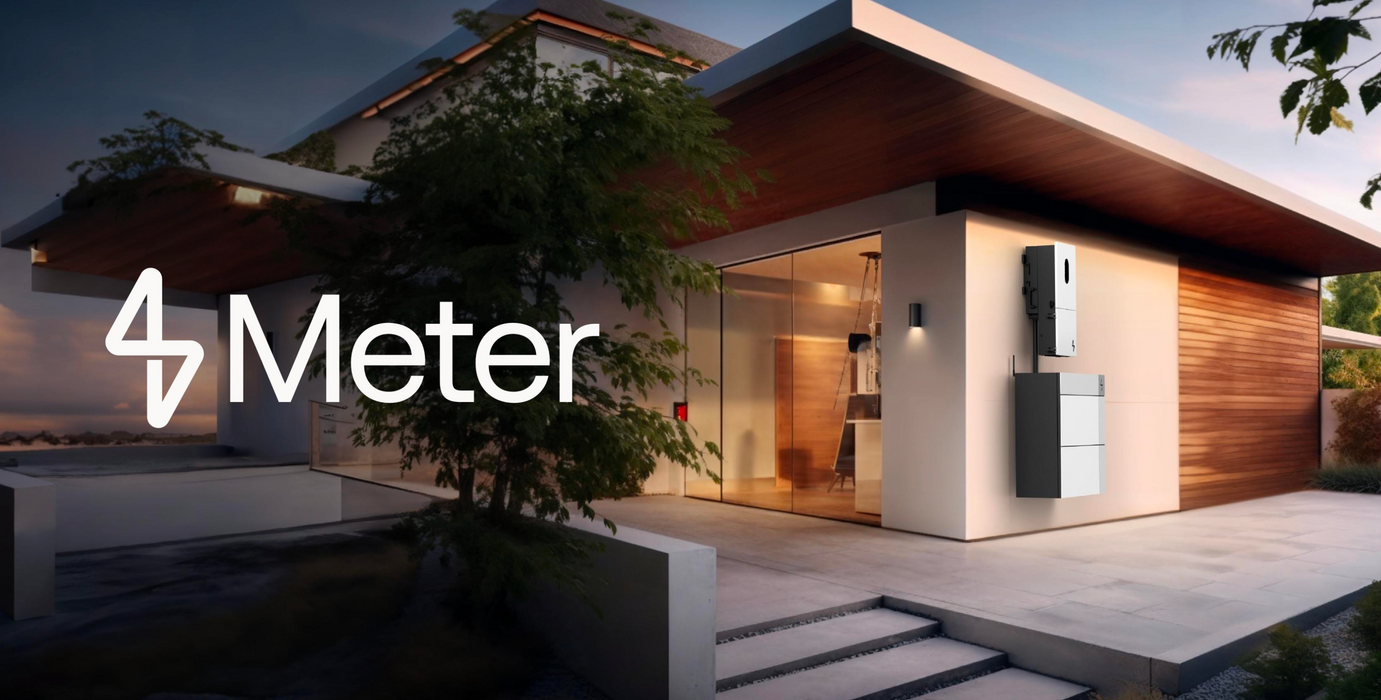 MeterHome hybrid solar battery and inverter energy storage system showing inverter and battery system mounted outside on modern home for www.mygeneratrplus.com