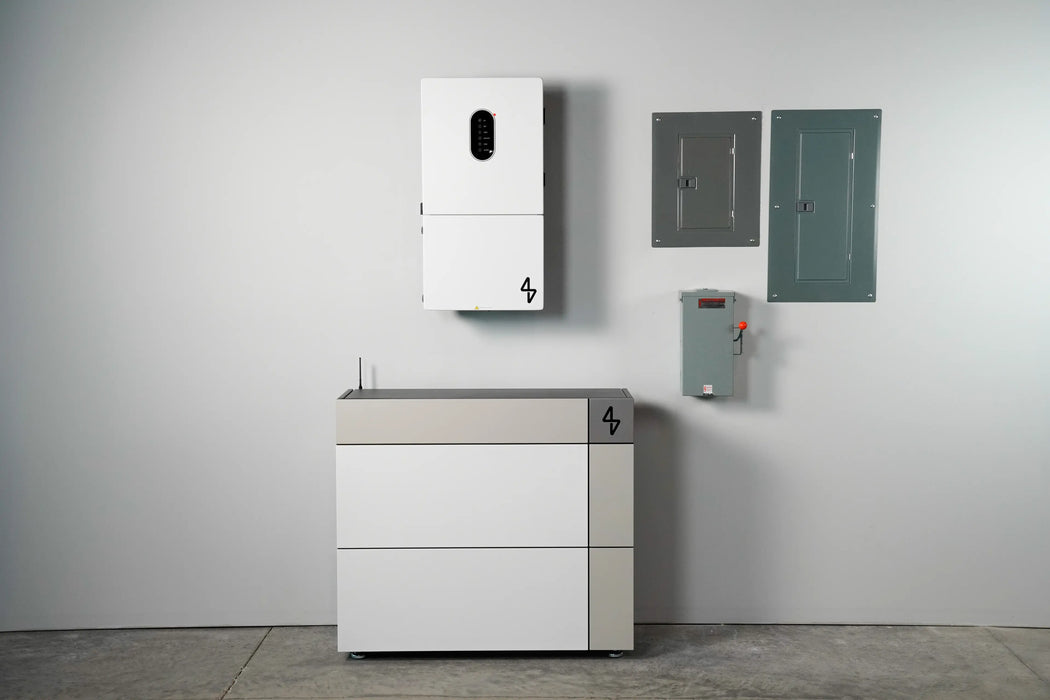 MeterHome hybrid solar battery and inverter energy storage system mounted on a garage wall next to a manual transfer switch and power panels for www.mygeneratrplus.com