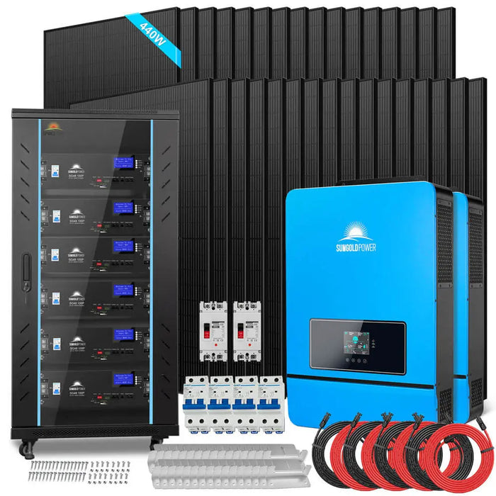Sungold Power Off-Grid Solar Kit 20KW 48VDC 120V/240V LIFEPO4 25.6KWH-30.72KWH LITHIUM BATTERY 32 X 440 WATTS SOLAR PANELS SGR-20K30E SUNGOLD POWER