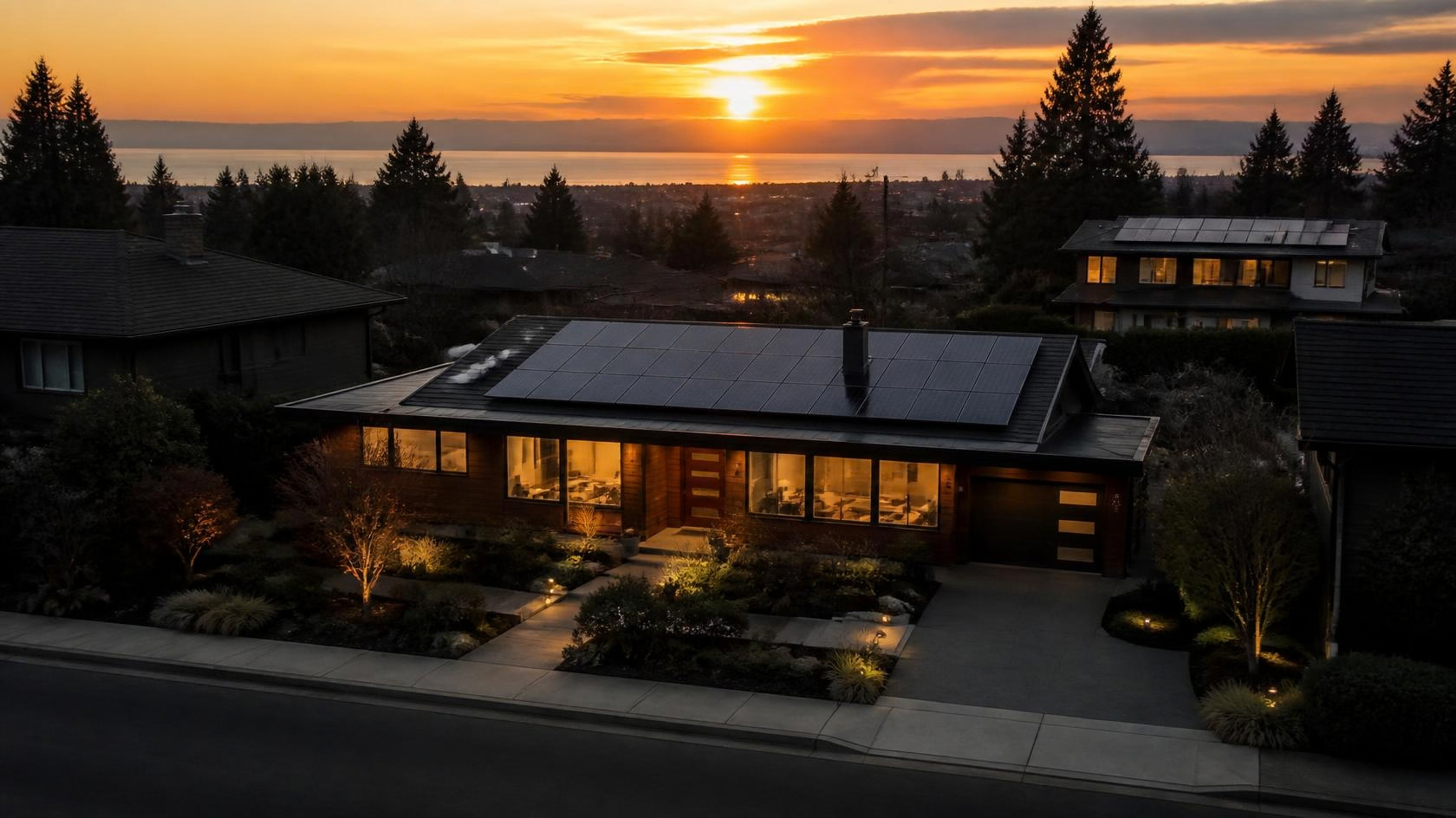 a updated mid-century modern house in a seattle neighborhood with a solar panel on the roof facing the descending sun where the lights inside the house are on and the majority of the neighborhood has no lights except a second house with solar panels