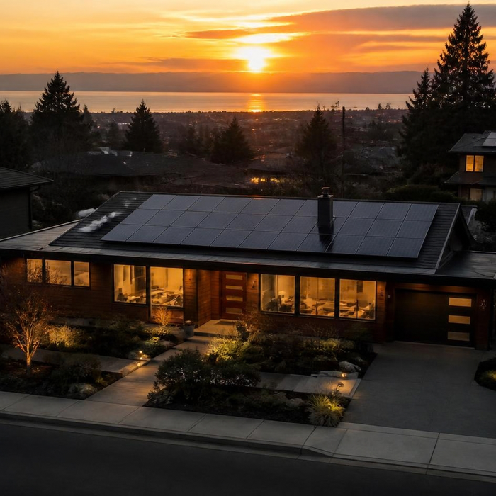 a updated mid-century modern house in a seattle neighborhood with a solar panel on the roof facing the descending sun where the lights inside the house are on and the majority of the neighborhood has no lights except a second house with solar panels