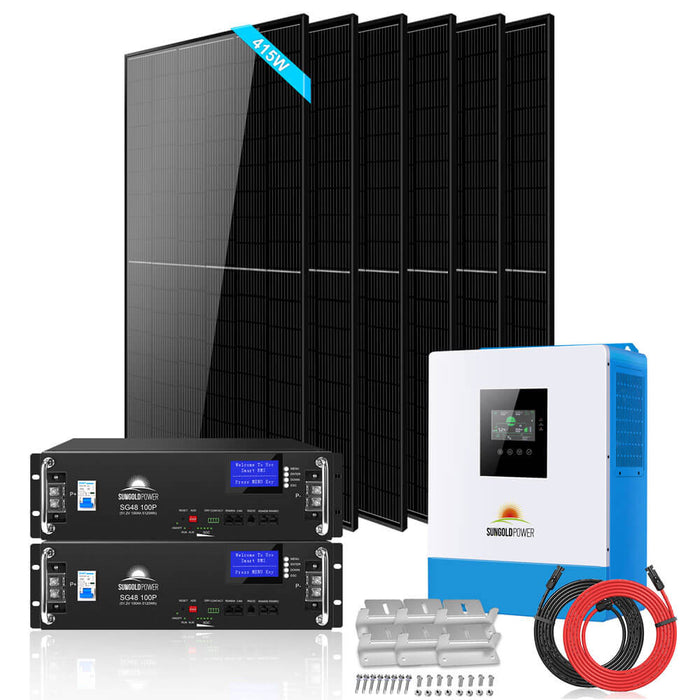 Sungold Power OFF-GRID Solar Kit 5000w 48VDC 120V LiFePO4 10.24KWH Lithium Battery 6 X 415w Solar Panels SGR-5KE