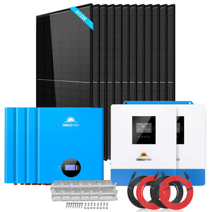 Sungold Power OFF-GRID Solar Kits 10000w 48VDC 120VAC/240V 20.48KWH Powerwall Lithium Battery 12 X 415w Solar Panels SGM-10M2T
