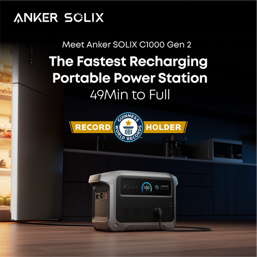 Anker SOLIX C1000 Gen 2 portable power station with text highlighting its fast charging capabilities.