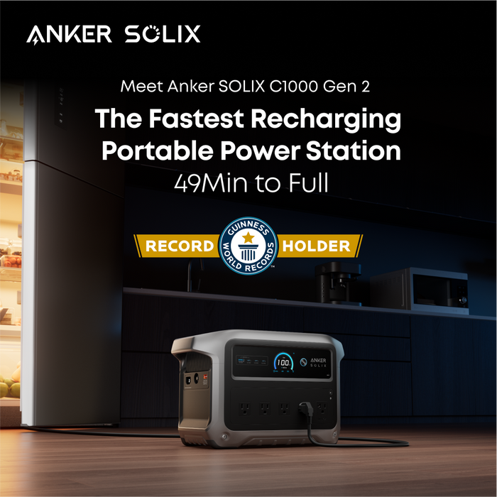 Anker SOLIX C1000 Gen 2 portable power station with text highlighting its fast charging capabilities.