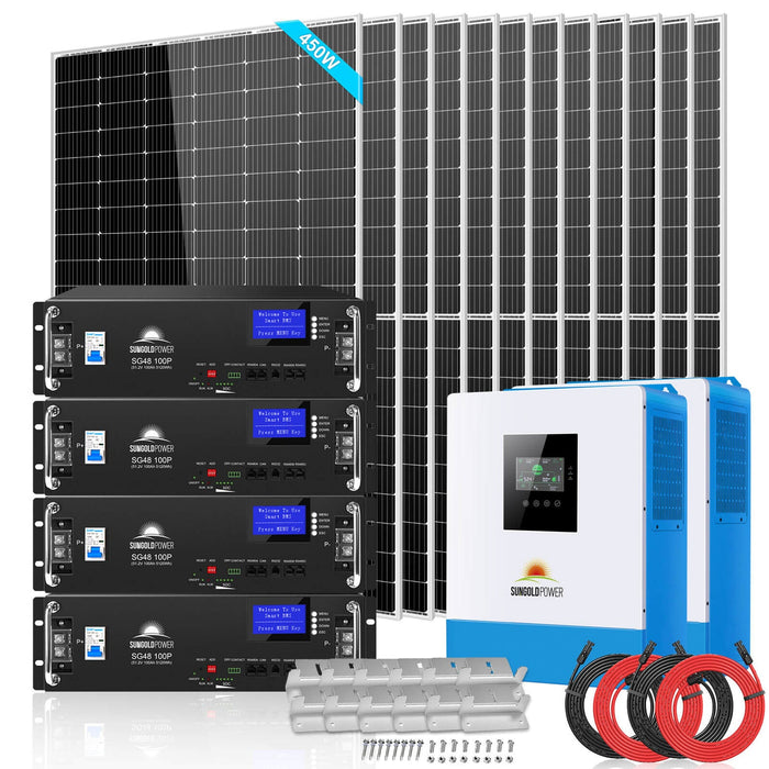 Sungold Power OFF-GRID Solar Kit 10000w 48VDC 120V/240V LiFePO4 20.48KWH Lithium Battery 12 X 450w Solar Panels SGR-10K2M