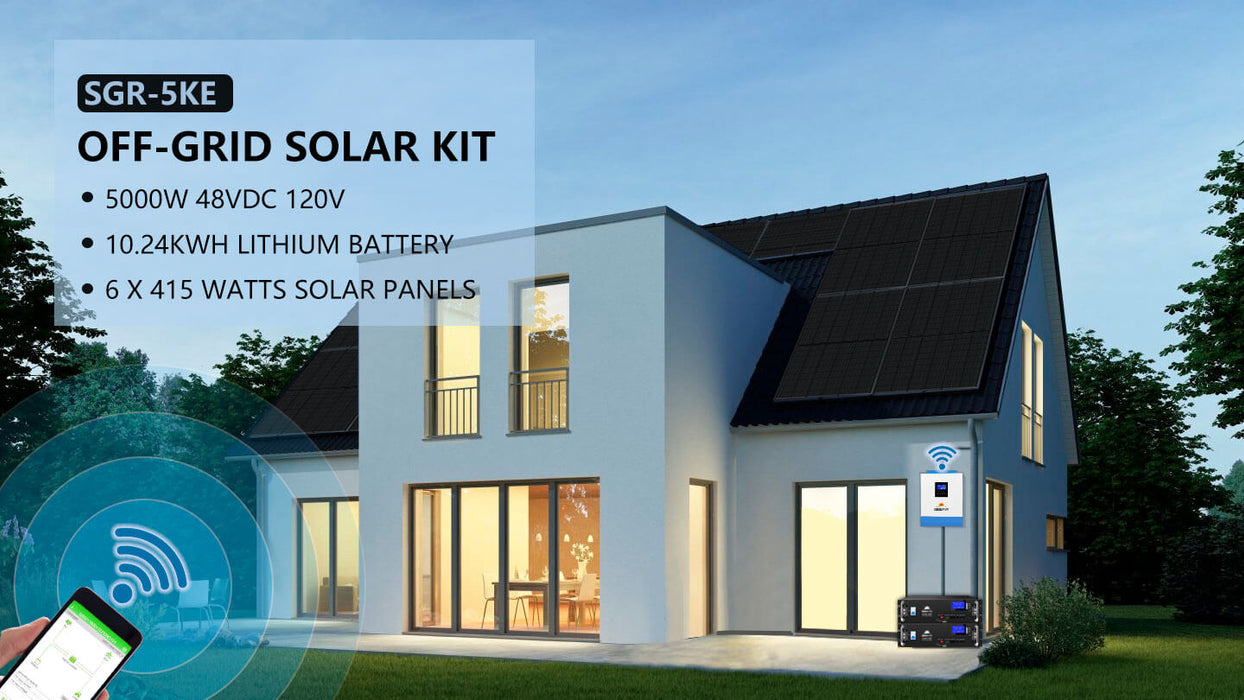 Sungold Power OFF-GRID Solar Kit 5000w 48VDC 120V LiFePO4 10.24KWH Lithium Battery 6 X 415w Solar Panels SGR-5KE