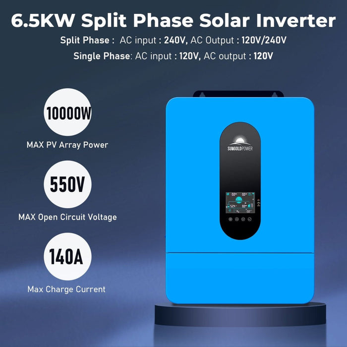 Sungold Power OFF-GRID Solar Kit 6500w 48VDC 120VAC LiFePO4 10.24KWH Lithium Battery 8 X 415w Solar Panels SGR-6510E