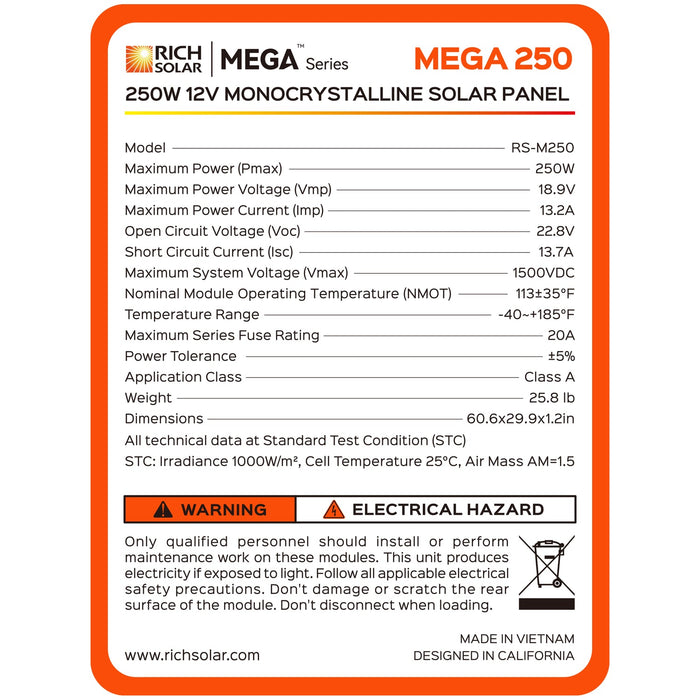 Rich Solar MEGA 250W 12V Monocrystalline Solar Panel