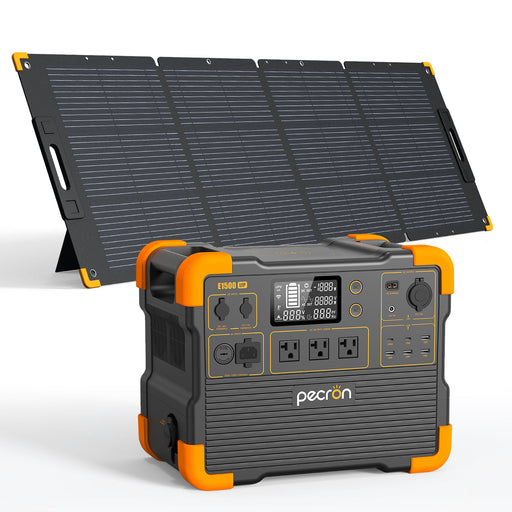 PECRON E1500LFP Solar Generator + Choose Your Custom Package with digital display and multiple outlets LiFePO4 battery and solar panels on a white background www.mygeneratorplus.com