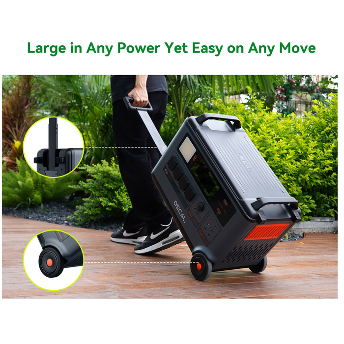 Person pulling OSCAL PowerMax 6000 Solar Generator with digital display and multiple outlets LiFePO4 battery wheels on a wooden surface, surrounded by greenery www.mygeneratorplus.com