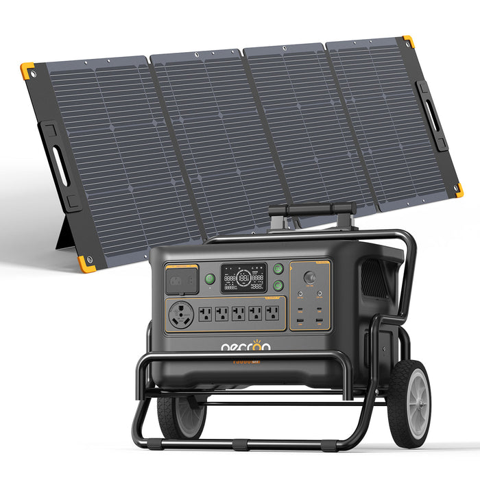 PECRON F3000LFP Portable Solar Generator – 3600W | 3072Wh digital display and multiple outlets LiFePO4 battery and solar panels on a white background www.mygeneratorplus.com