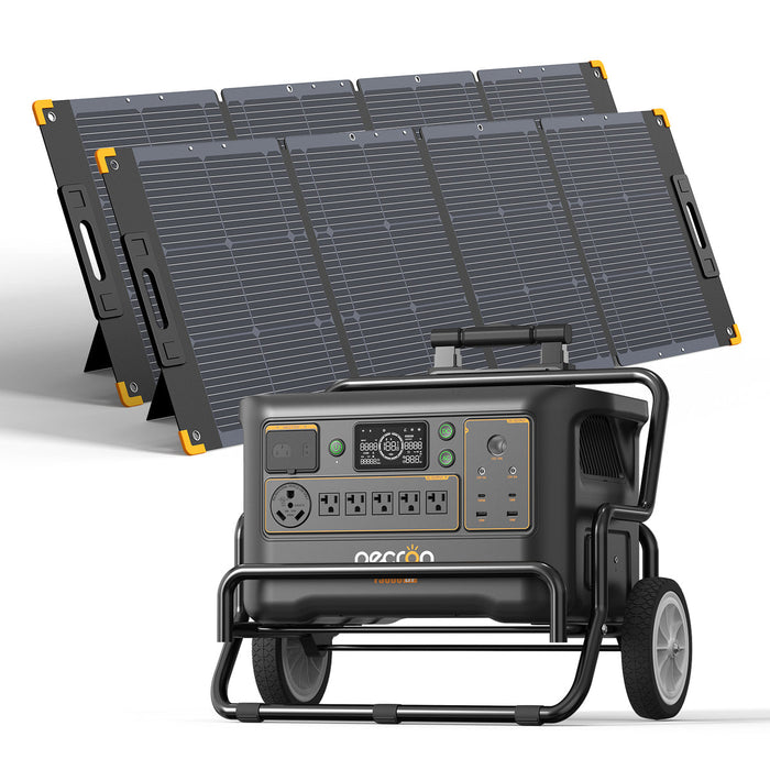 PECRON F3000LFP Portable Solar Generator – 3600W | 3072Wh digital display and multiple outlets LiFePO4 battery and solar panels on a white background www.mygeneratorplus.com