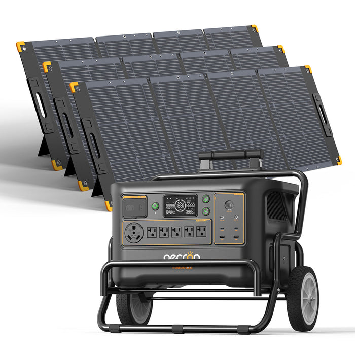 PECRON F3000LFP Portable Solar Generator – 3600W | 3072Wh digital display and multiple outlets LiFePO4 battery and solar panels on a white background www.mygeneratorplus.com