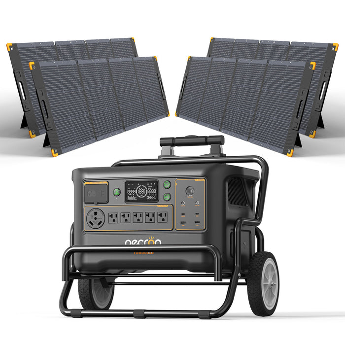 PECRON F3000LFP Portable Solar Generator – 3600W | 3072Wh digital display and multiple outlets LiFePO4 battery and solar panels on a white background www.mygeneratorplus.com