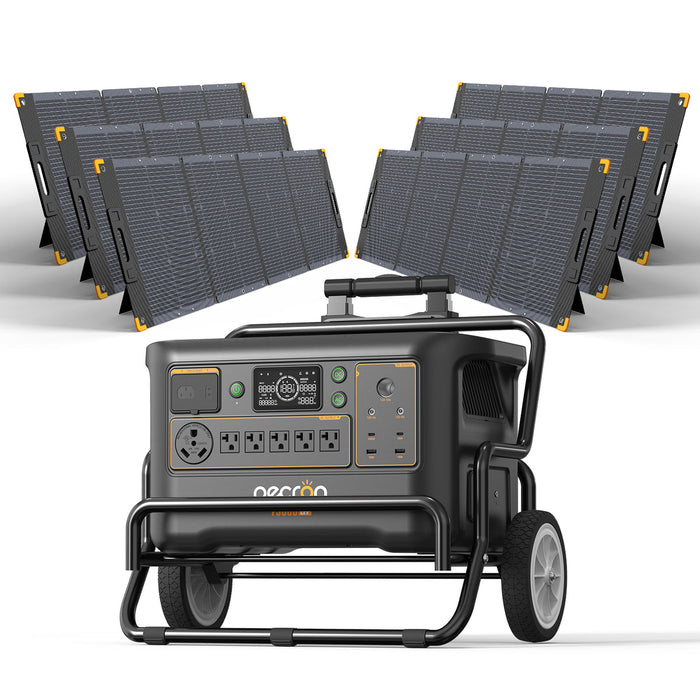 PECRON F3000LFP Portable Solar Generator – 3600W | 3072Wh digital display and multiple outlets LiFePO4 battery and solar panels on a white background www.mygeneratorplus.com