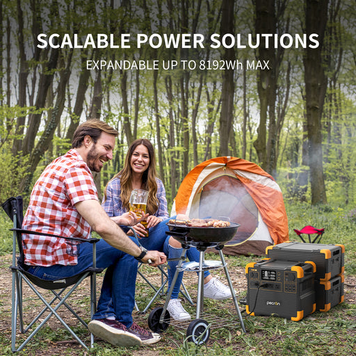 PECRON E2400LFP Solar Generator and with digital display and multiple outlets with a couple camping outdoors with scalable power solutions displayed www.mygeneratorplus.com