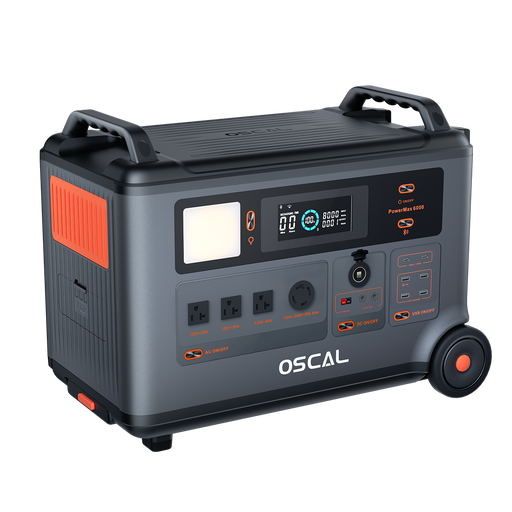 OSCAL PowerMax 6000 Solar Generator with digital display and multiple outlets LiFePO4 battery and solar panels on a white background www.mygeneratorplus.com