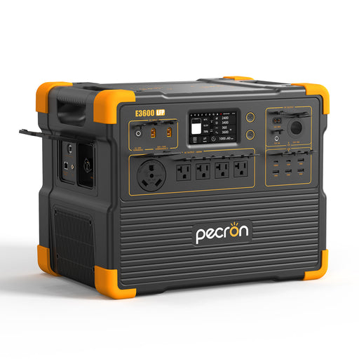 PECRON E3600LFP Solar Generator Kit 3600W | 3072Wh digital display and multiple outlets LiFePO4 battery and solar panels on a white background www.mygeneratorplus.com