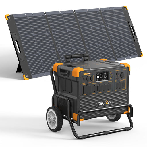 PECRON E3600LFP Solar Generator Kit 3600W | 3072Wh digital display and multiple outlets LiFePO4 battery and solar panels on a white background www.mygeneratorplus.com