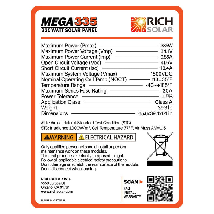 Rich Solar MEGA 335 Watt Monocrystalline Solar Panel + Choose Your Custom Package