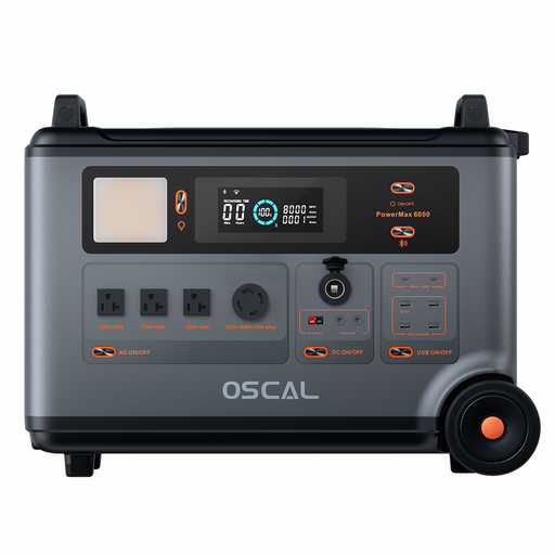 OSCAL PowerMax 6000 Solar Generator with digital display and multiple outlets LiFePO4 battery and solar panels on a white background www.mygeneratorplus.com