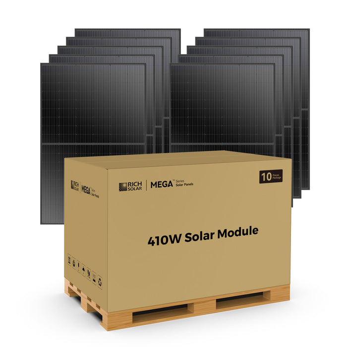 Rich Solar MEGA 410 | 410 Watt Solar Panel | Premium Grid-tie or Off-grid Solar Panel for Residential, Commercial, Agriculture | 25-Year Output Warranty on a white background with a shipping box www.mygeneratorplus.com