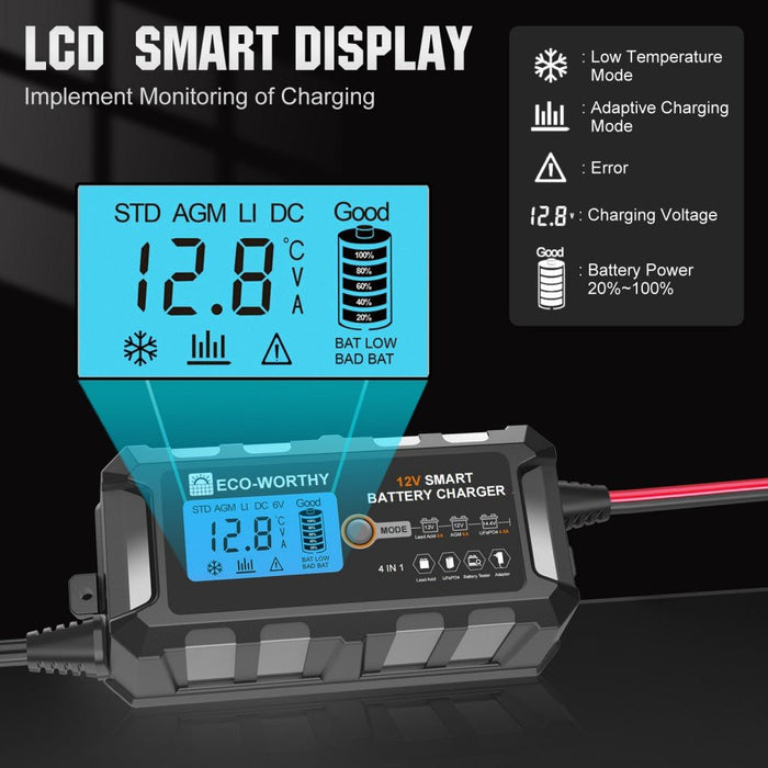 Eco-Worthy 5A & 10A 12V Smart Battery Charger with LCD Display for Lithium (LiFePO4) Batteries