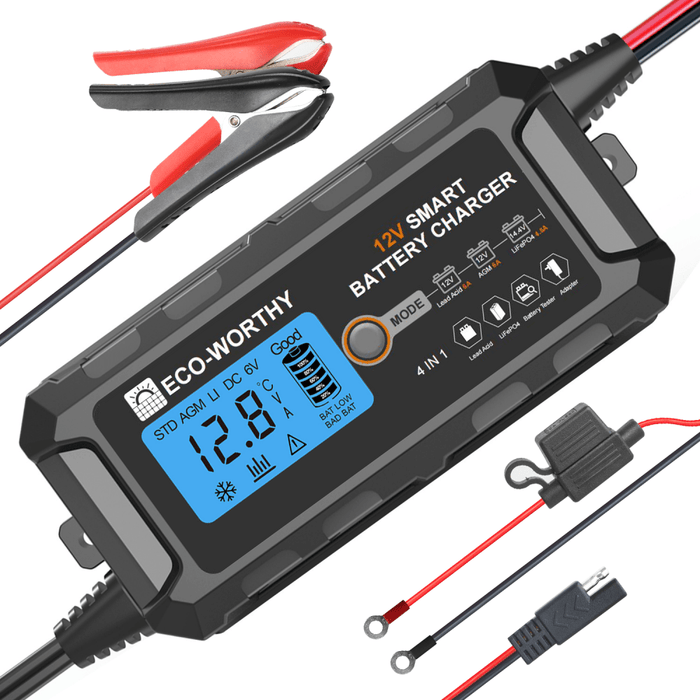 Eco-Worthy 5A & 10A 12V Smart Battery Charger with LCD Display for Lithium (LiFePO4) Batteries