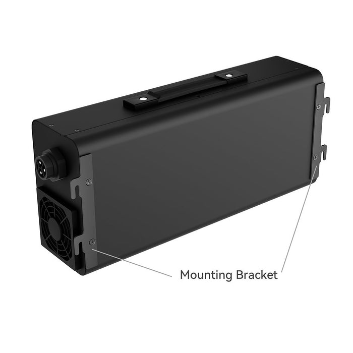 RUiXU 48V 100A Intelligent Lithium Battery Charger a black rectangular electronic device with a built-in handle, side mounting bracket, and rear cooling fan, shown on a white background with a pointer label reading 'Mounting Bracket'. www.mygeneratorpluscom