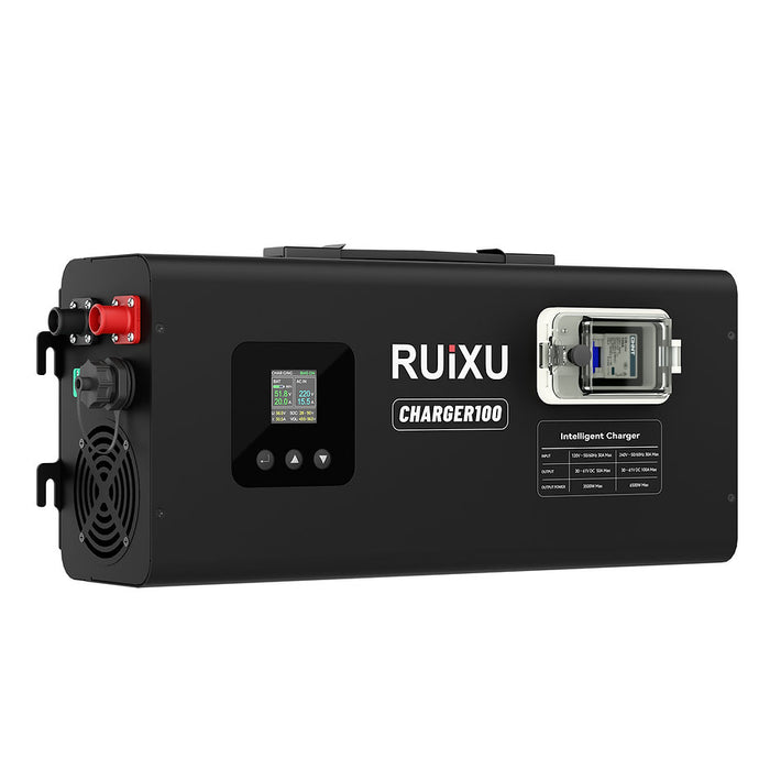 A black RUiXU Charger100 intelligent charger device with a digital display screen, ventilation fan, and port connectors, shown on a plain white background. www.mygeneratorplus.com