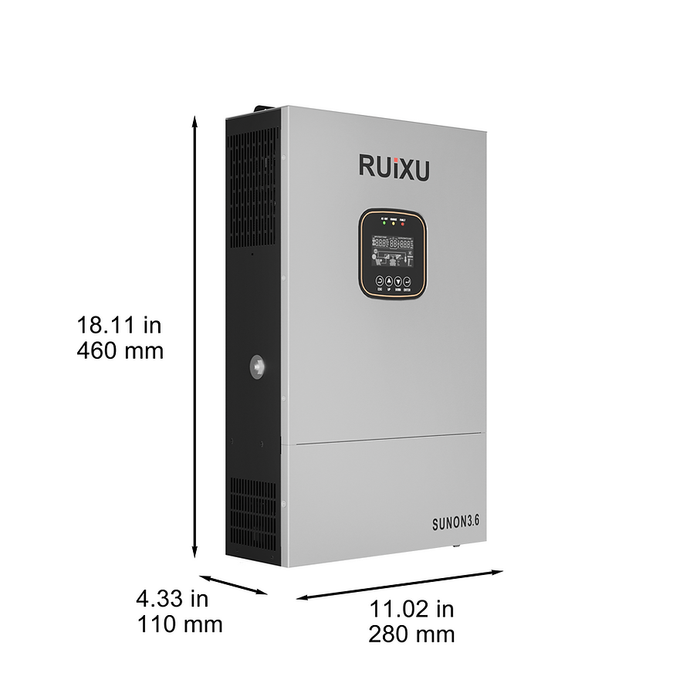 RUiXU Single-Phase Off-Grid Inverter SUNON3.6 3.6kW UL1741 on a white background showing dimensions www.mygeneratorplus.com