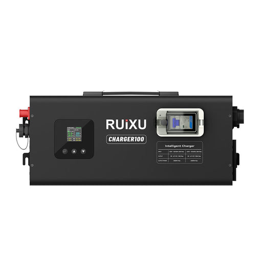 A black RUiXU Charger100 intelligent charger device with a digital display screen, a front port cover, and various connection terminals, shown on a plain white background. www.mygeneratorplus.com