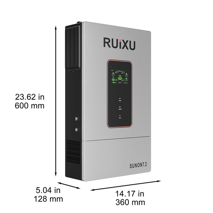RUiXU Single/Split-Phase Off-Grid Inverter SUNON7.2 7.2kW UL1741 on a white background showing dimensions www.mygeneratorplus.com