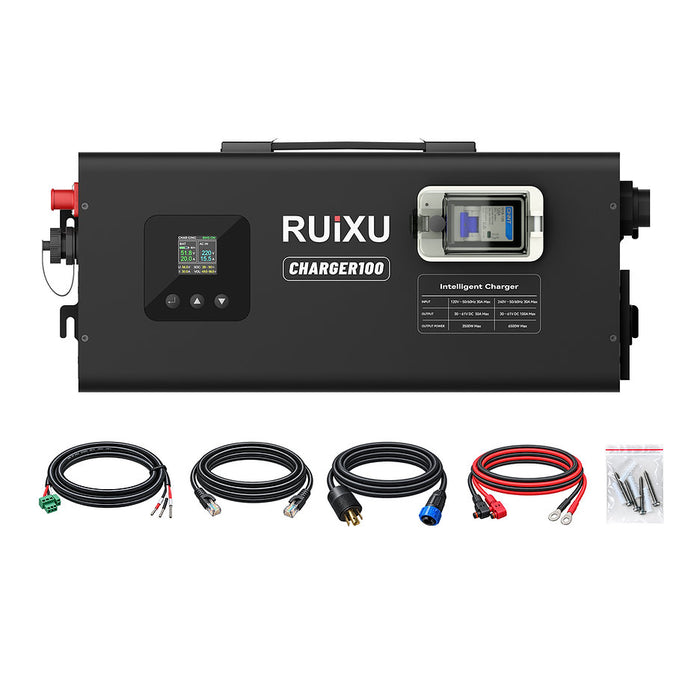 A black RUiXU Charger100 intelligent charger unit shown on a white background, with four cables and a small hardware bag displayed below it. www.mygeneratorplus.com