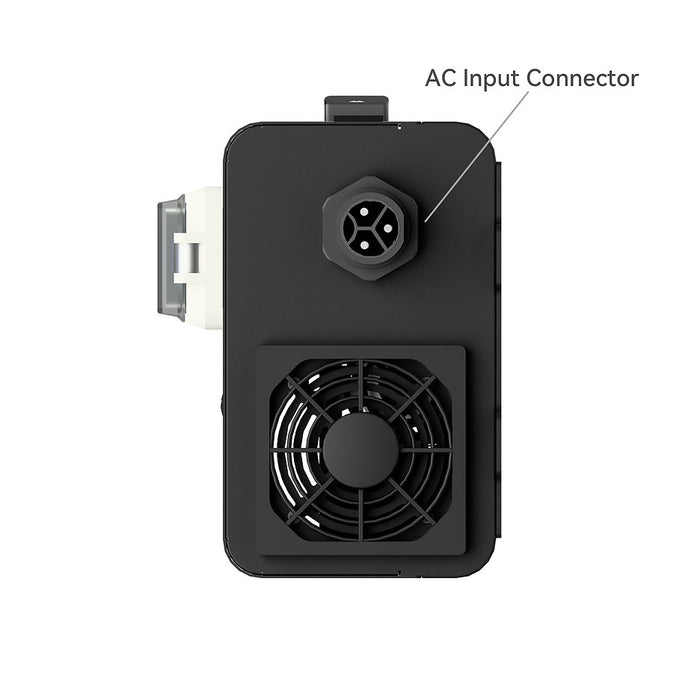 RUiXU 48V 100A Intelligent Lithium Battery Charger a black electronic device with a cooling fan on the front and an AC Input Connector labeled on the top, shown on a plain white background. www.mygeneratorplus.com