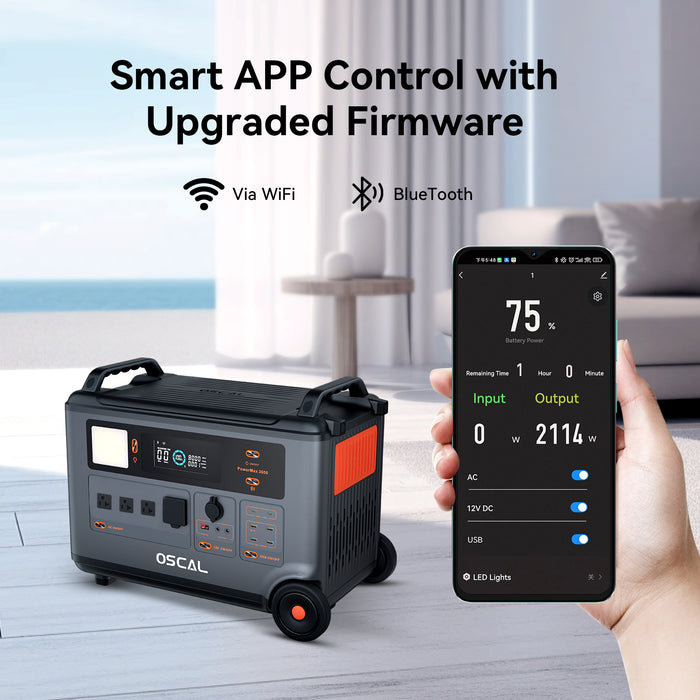 OSCAL PowerMax 6000 Solar Generator with digital display and multiple outlets LiFePO4 battery with smart app control and upgraded firmware features on a modern living room background www.mygeneratorplus.com