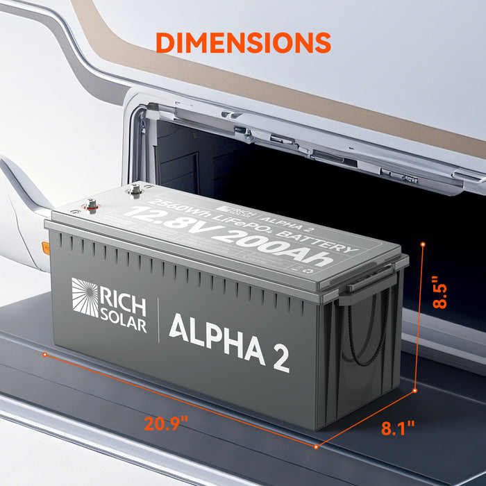 Rich Solar Alpha 2 battery with dimensions labeled on a vehicle battery compartment.