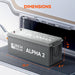 Rich Solar Alpha 2 battery with dimensions labeled on a vehicle battery compartment.