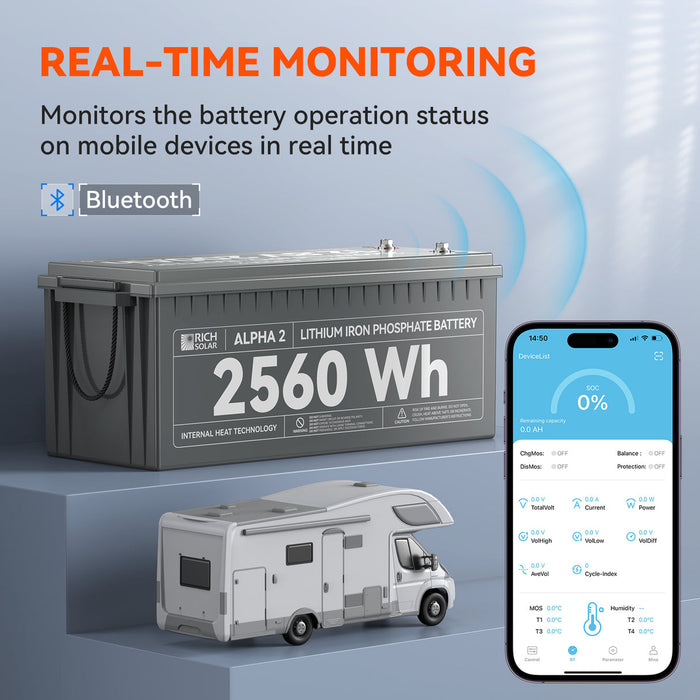Rich Solar ALPHA 2 | 12V 200Ah LiFePO4 Lithium Iron Phosphate Battery w/ Internal Heat Technology and Bluetooth