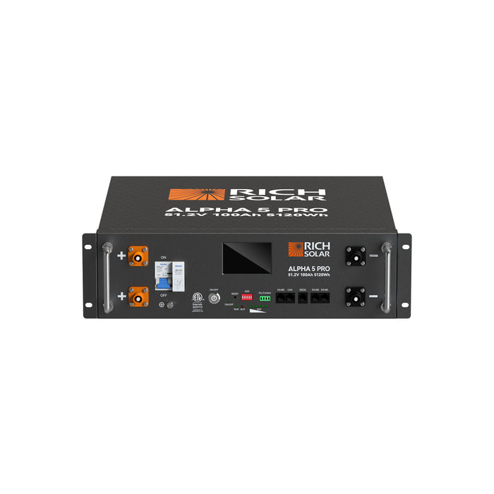 Rich Solar ALPHA 5 PRO | 51.2V 100Ah LiFePO4 Battery | Premium 48V Server Rack Lithium Battery for Residential, Commercial, RVs, Off-Grid | 7,000 Lifetime Cycles | 10 Year Warranty | UL1973, UL9540A Certified on a white background www.mygeneratorplus.com

