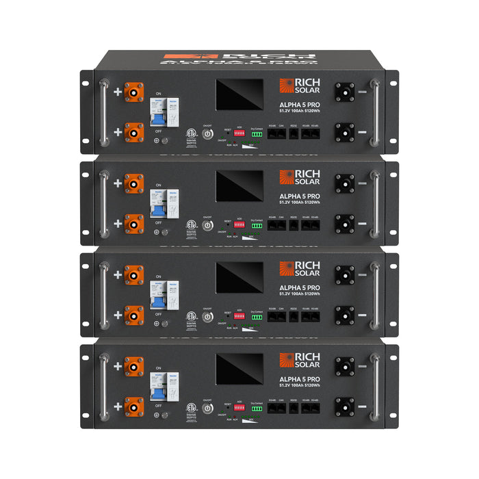 Rich Solar ALPHA 5 PRO | 51.2V 100Ah LiFePO4 Battery | Premium 48V Server Rack Lithium Battery for Residential, Commercial, RVs, Off-Grid | 7,000 Lifetime Cycles | 10 Year Warranty | UL1973, UL9540A Certified on a white background www.mygeneratorplus.com
