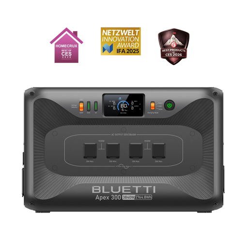 BLUETTI Apex 300 Versatile Power Station   3,840W | 2,764.8Wh | LiFePO₄ | $0.54/Wh 
on a white background showing l.e.d display and multiple outlets for off-grid power and emergency, rv, home backup power supply. Showing leading industry award badges, for sale with free shipping on a white background at www.mygeneratorplus.com

