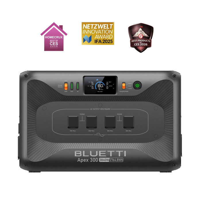 BLUETTI Apex 300 Versatile Power Station   3,840W | 2,764.8Wh | LiFePO₄ | $0.54/Wh 
on a white background showing l.e.d display and multiple outlets for off-grid power and emergency, rv, home backup power supply. Showing leading industry award badges, for sale with free shipping on a white background at www.mygeneratorplus.com

