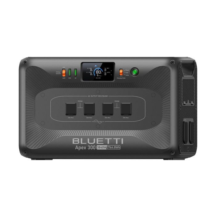 BLUETTI Apex 300 Versatile Power Station   3,840W | 2,764.8Wh | LiFePO₄ | $0.54/Wh 
on a white background showing l.e.d display and multiple outlets for off-grid power and emergency, rv, home backup power supply for sale with free shipping at  on a white background www.mygeneratorplus.com


