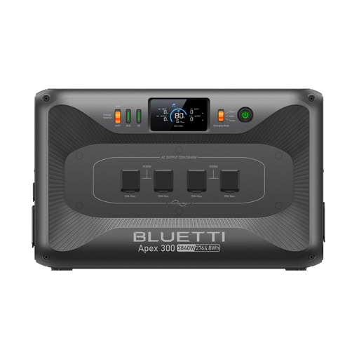 BLUETTI Apex 300 Versatile Power Station   3,840W | 2,764.8Wh | LiFePO₄ | $0.54/Wh 
on a white background showing l.e.d display and multiple outlets for off-grid power and emergency, rv, home backup power supply for sale with free shipping at  on a white background www.mygeneratorplus.com
