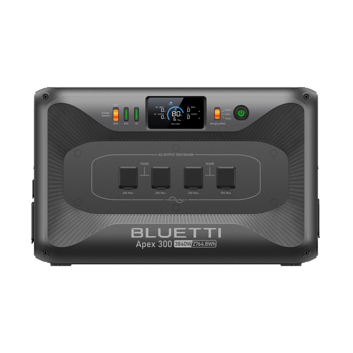BLUETTI Apex 300 Versatile Power Station   3,840W | 2,764.8Wh | LiFePO₄ | $0.54/Wh 
on a white background showing l.e.d display and multiple outlets for off-grid power and emergency, rv, home backup power supply for sale with free shipping at  on a white background www.mygeneratorplus.com
