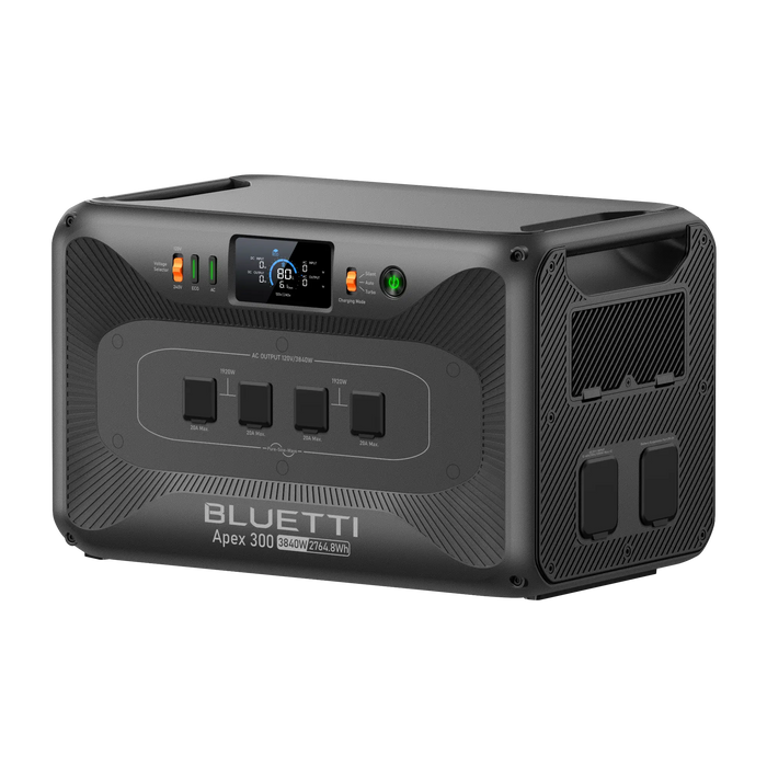 BLUETTI Apex 300 Versatile Power Station   3,840W | 2,764.8Wh | LiFePO₄ | $0.54/Wh 
on a white background showing l.e.d display and multiple outlets for off-grid power and emergency, rv, home backup power supply for sale with free shipping at  on a white background www.mygeneratorplus.com
