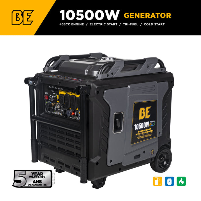 BE Power Equipment 10,500 Watt 458CC Tri-Fuel Digital Inverter Generator - BE10500IT Portable Generator